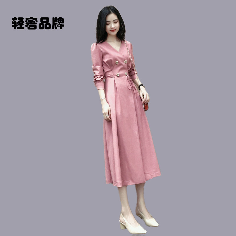 朗姿约定2026秋装新款修身长袖双排扣连衣裙女收腰显瘦中长裙子