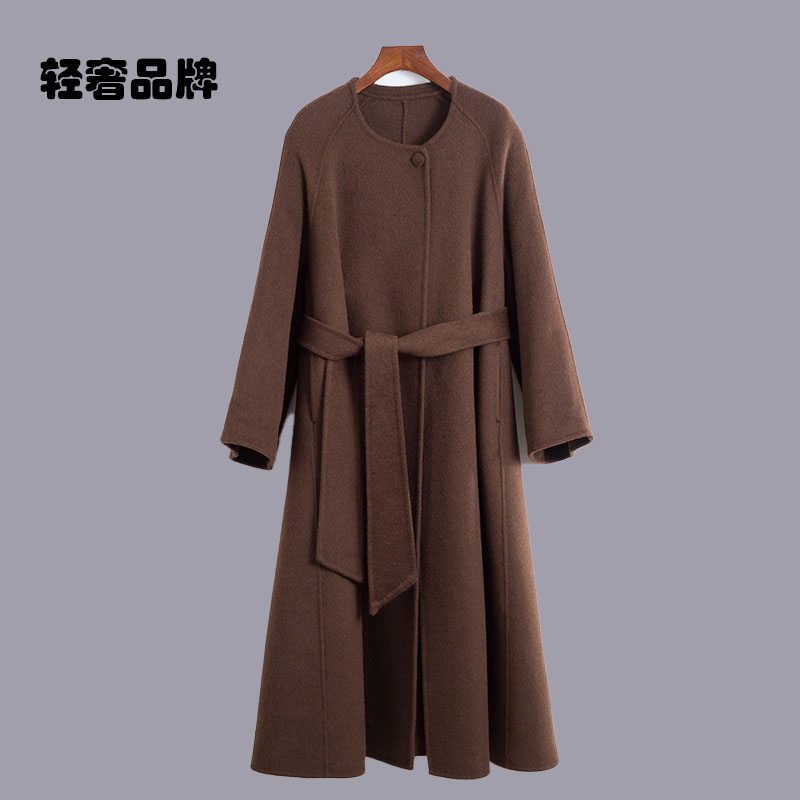 朗姿约定双面绒纯色圆领系腰带无领冬新款长款羊毛大衣女毛呢外套