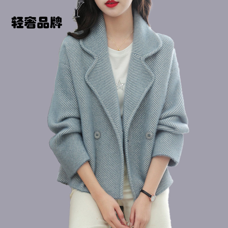 朗姿约定2025早秋新款时尚西装领短款毛呢外套遮肉长袖条纹外搭女