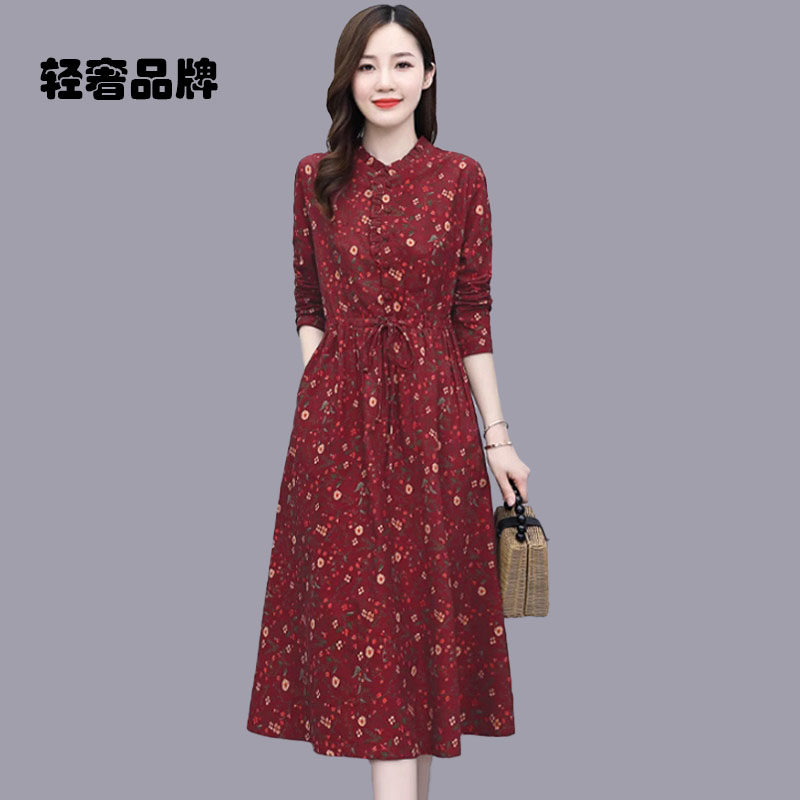 朗姿约定棉麻连衣裙女春秋长袖妈妈高贵阔太太精致高端优雅遮肚子