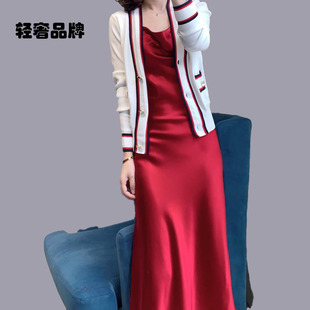 朗姿约定庄闲气质红蓝白撞色V领双口袋优雅减龄针织开衫 外套女