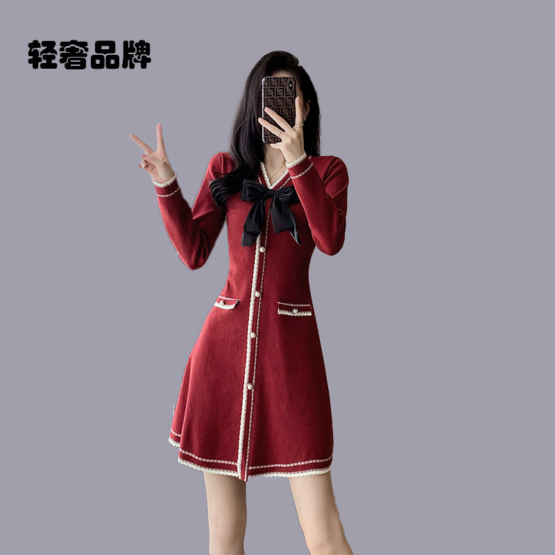 朗姿约定春秋v领长袖针织连衣裙蝴蝶结打底毛衣裙子小红裙复古