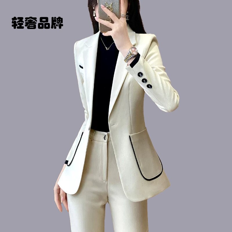 朗姿约定西装外套女春秋新款白色小众设计镶边西服工装气质套装