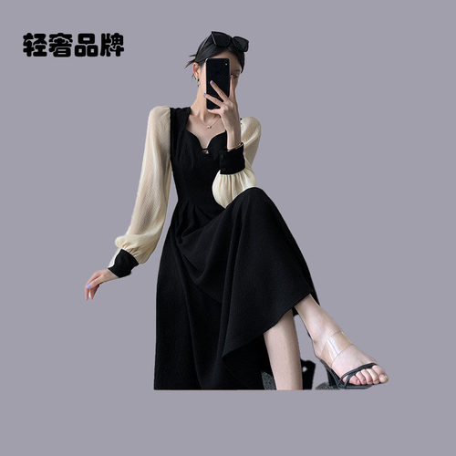 朗姿约定黑色连衣裙女2026秋装新款长袖法式显瘦气质赫本风中长裙