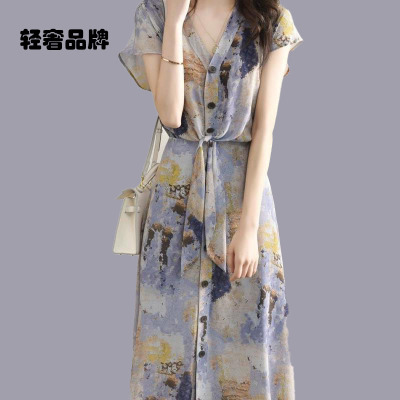 朗姿约定时尚气质真丝连衣裙女显瘦优雅抽象印花桑蚕丝减龄长裙