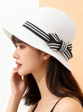 新款草帽女夏天日系薄款渔夫遮阳帽女防晒帽时尚圆顶太阳帽大檐帽