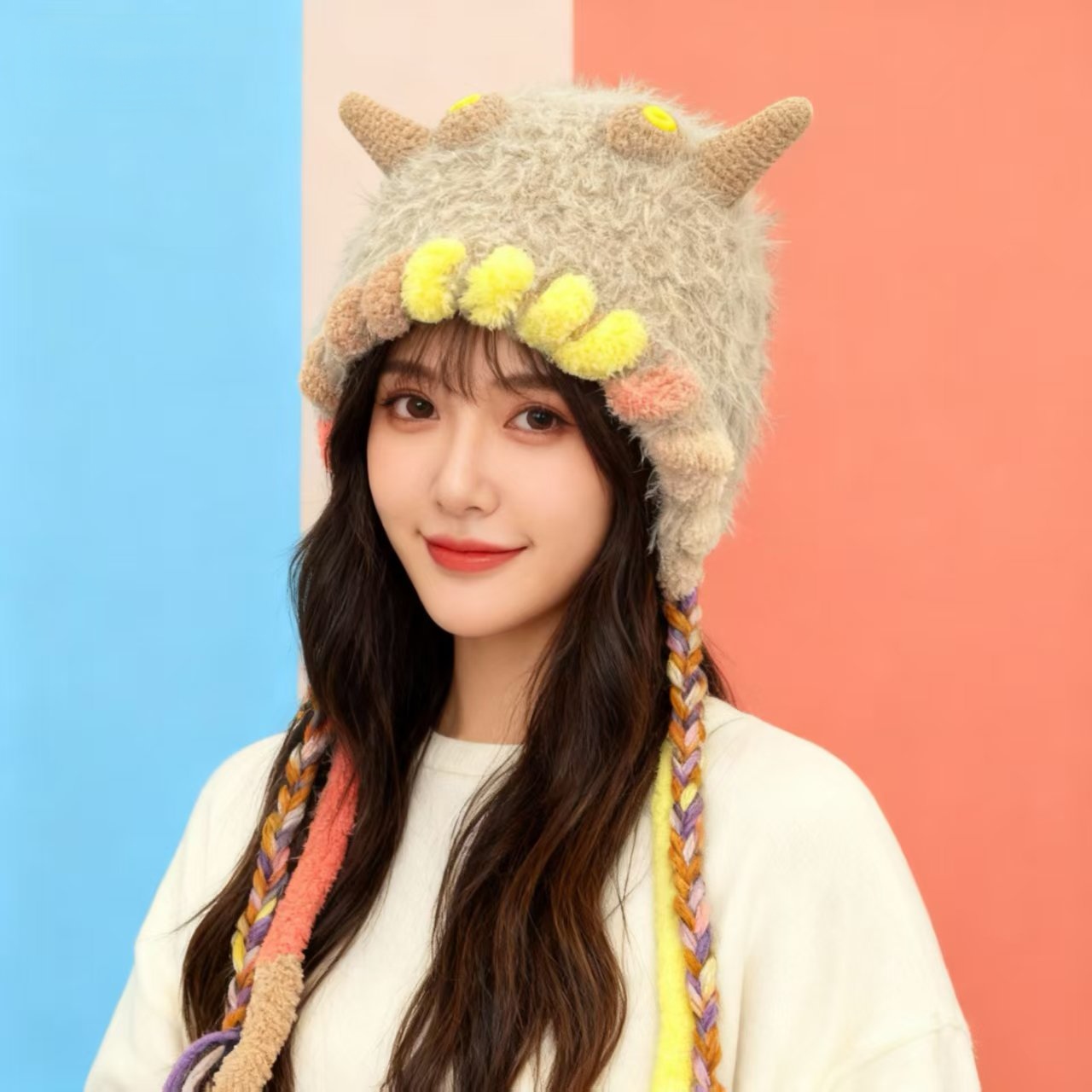 许嵩同款可爱小怪兽辫子毛线帽子女秋冬季卡通搞怪保暖针织护耳帽