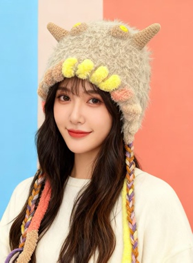 许嵩同款可爱小怪兽辫子毛线帽子女秋冬季卡通搞怪保暖针织护耳帽