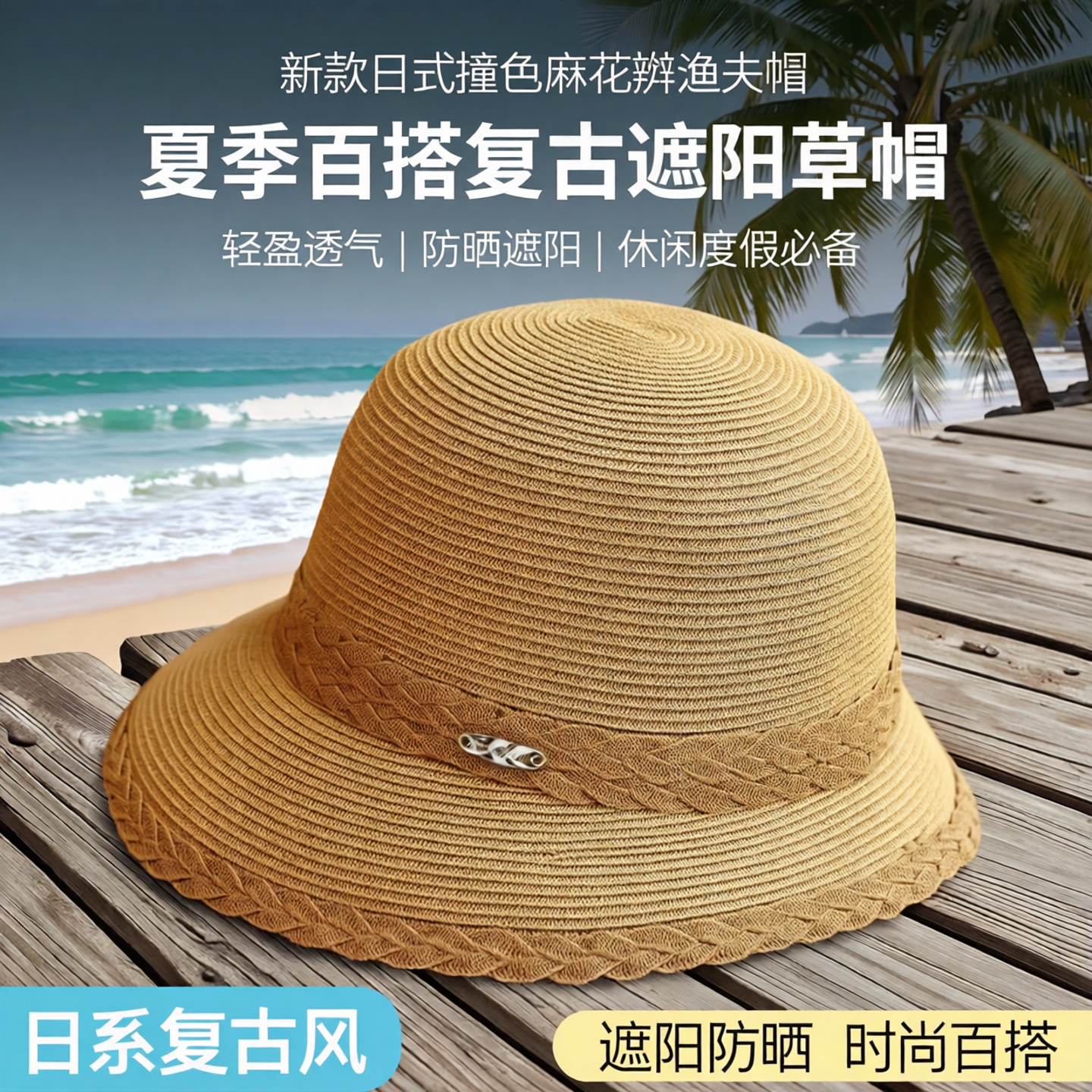 新款日系撞色麻花辫织带渔夫帽子女夏季休闲百搭复古遮阳度假草帽