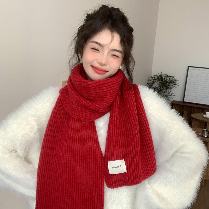 围巾女冬季2024新款针织毛线围脖红色韩版百搭高级感纯色保暖情侣
