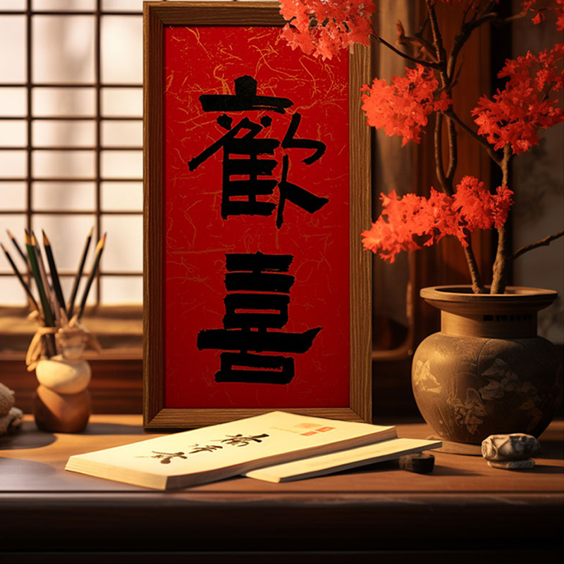 欢喜书法字画新中式客厅装饰画桌面画框摆台摆件客厅卧室祝福挂画
