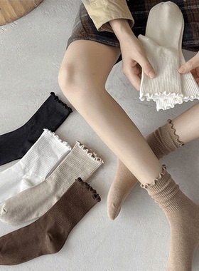 OO+袜子女搭配小皮鞋秋天木耳边纯棉春秋花边卡其色日系网红jk袜