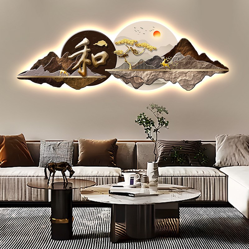 速发新中式客厅装饰画福鹿迎财沙发背景墙壁画书房茶馆发光灯画图片