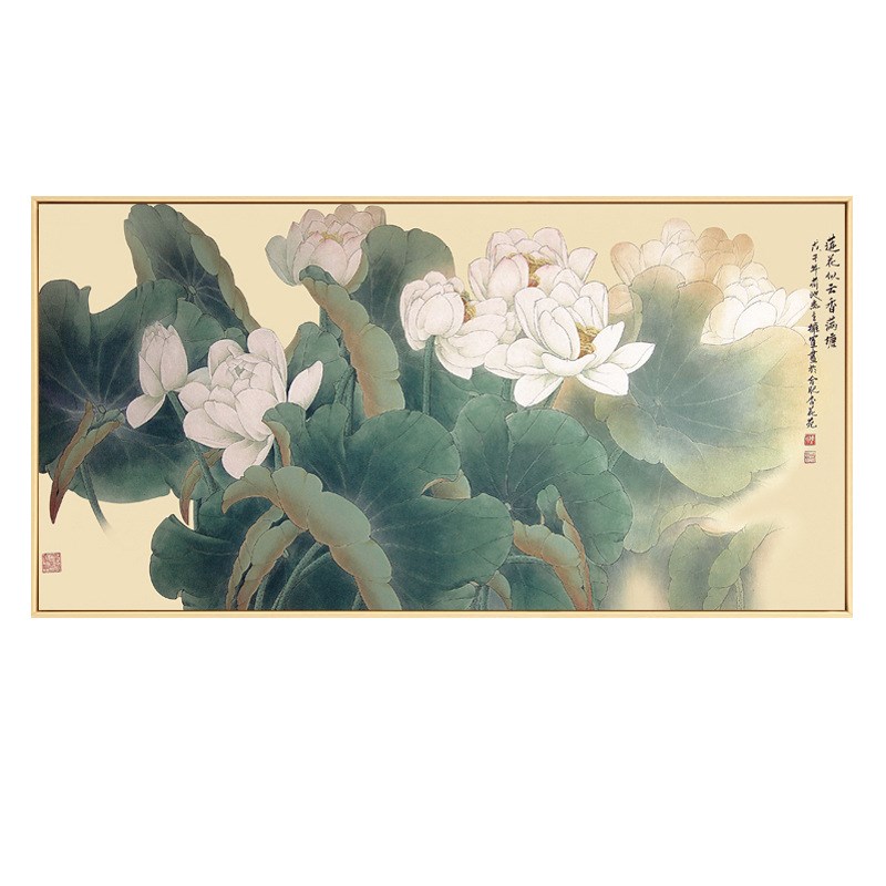 速发清雅 新中式客厅背景墙装饰画别墅横版超大幅挂画花鸟荷花壁图片