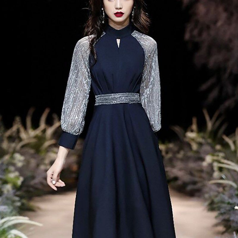 晚礼服黑色新款网纱袖洋气小个子长袖中长裙宽松年会裙弹力连衣裙