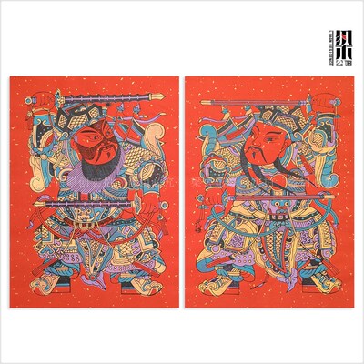 正宗手工拓印武强年画秦琼敬德洒金红底宣纸传统武门神老年画对联