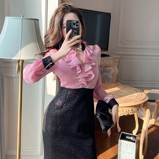 修身高级感气质衬衫连衣裙2024秋冬轻奢精致小个子职业女装包臀裙