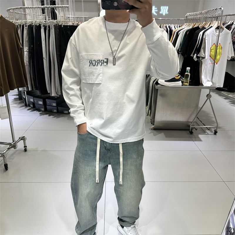 美式休闲男士圆领长袖卫衣宽松纯棉做旧破洞拼接口袋T恤打底衫春,男装,卫衣,淘宝优惠券,粉丝福利购,淘宝优惠卷
