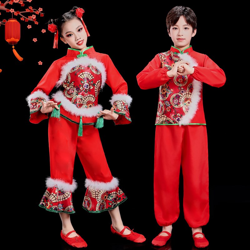 元旦儿童喜庆开门红演出服女童灯笼中国红秧歌服幼少儿舞蹈表演服