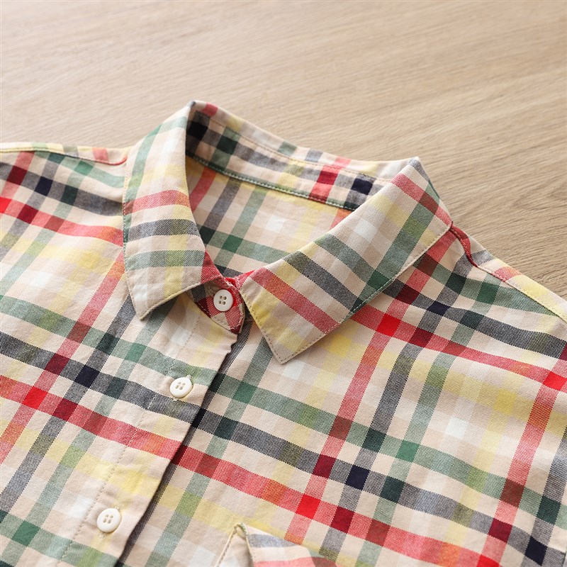 秋季新款男友风彩色格子衬衫女长袖纯棉宽松休闲英伦风全棉衬衣