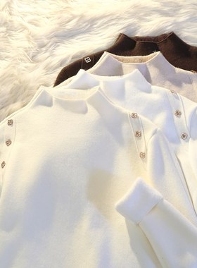 秋冬加厚加绒半高领打底衫上衣洋气设计感可外穿一体绒针织毛衣女