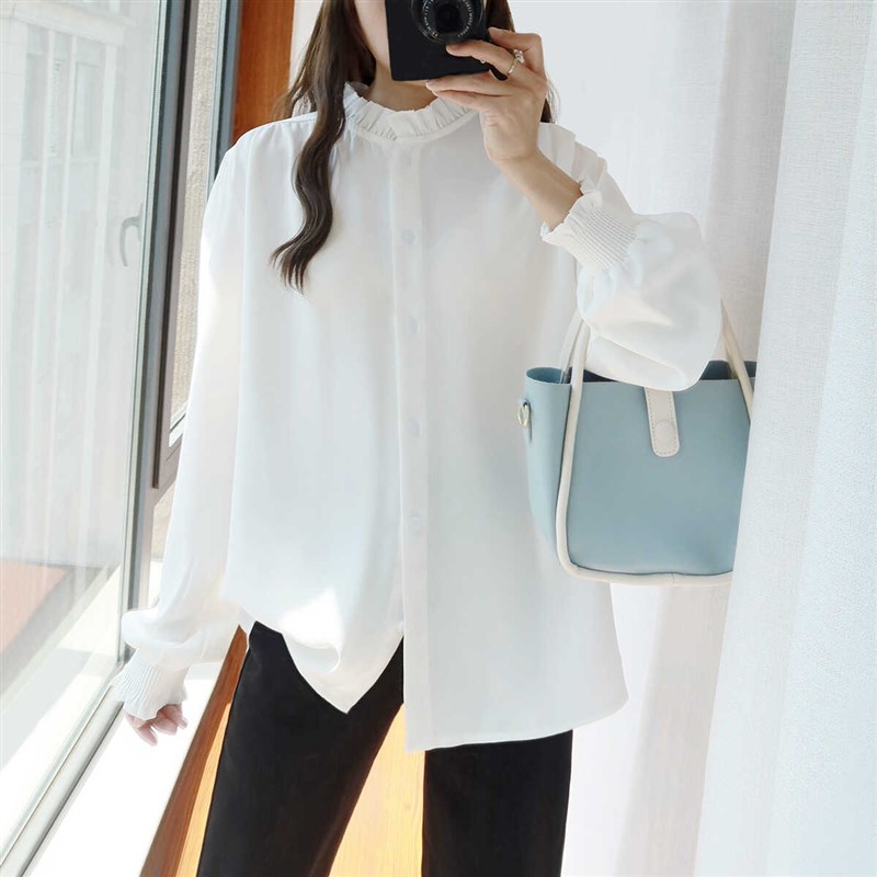大码雪纺白衬衫女胖mm长袖春秋高级感木耳边立领宽松内搭打底上衣