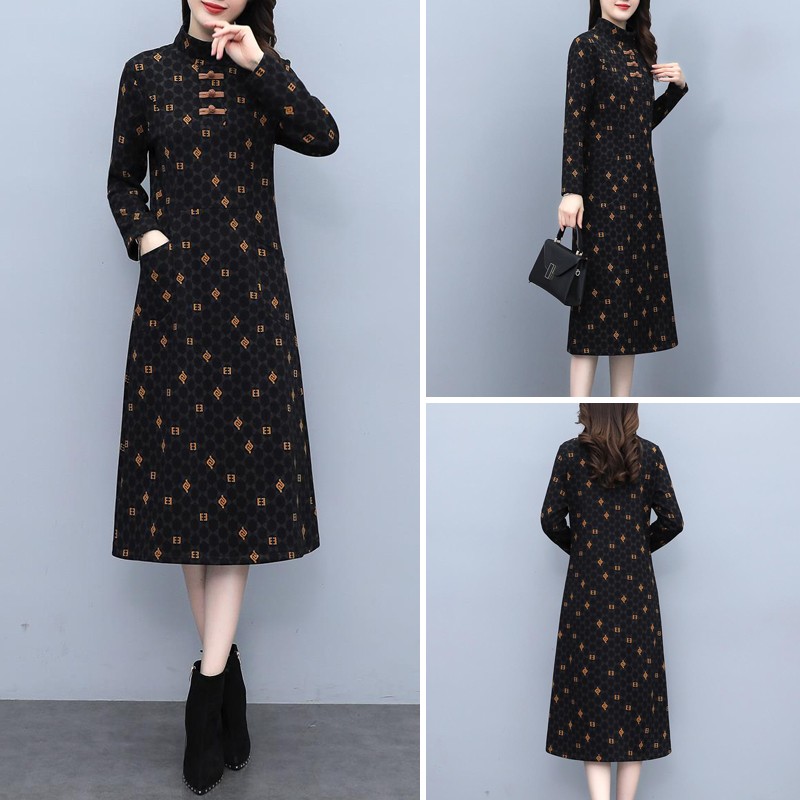 中老年冬季妈妈装改良旗袍加绒加厚连衣裙显瘦遮肚子保暖打底裙女