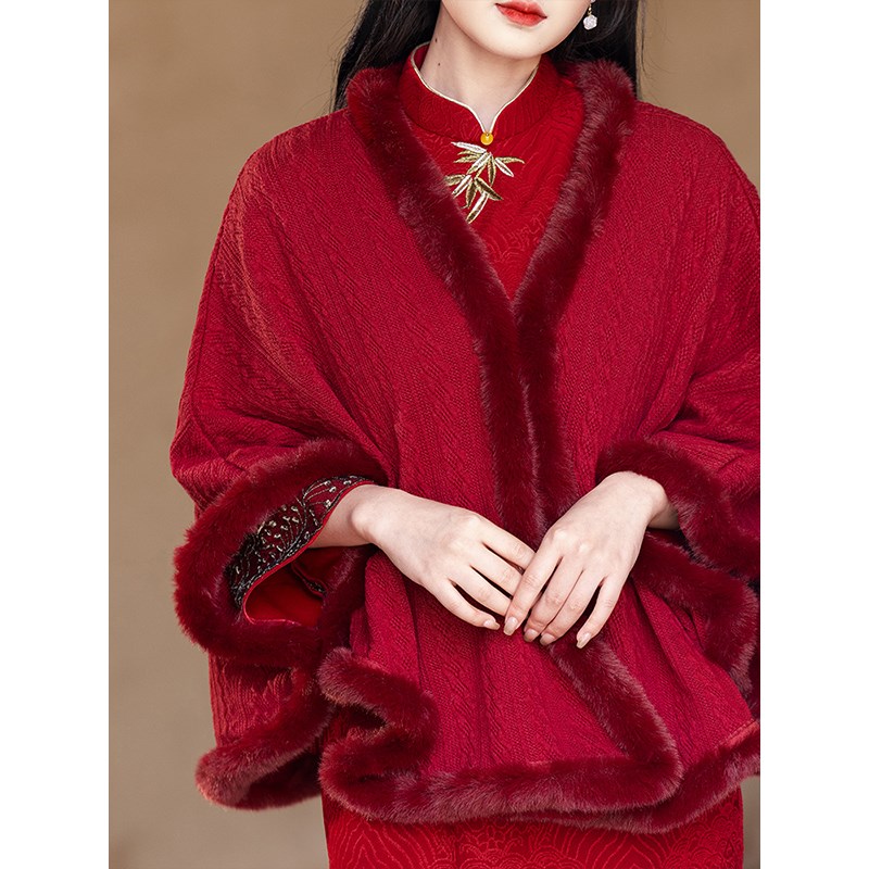 红色披肩搭配旗袍女外搭秋冬敬酒服新娘结婚订婚礼服外套百搭斗篷