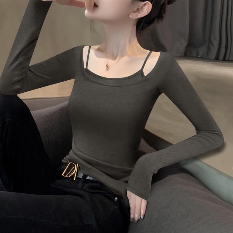 2024新款早秋黑色高级感打底衫内搭吊带长袖T恤女假两件挂脖上衣,女装/女士精品,T恤,淘宝优惠券,粉丝福利购,淘宝优惠卷