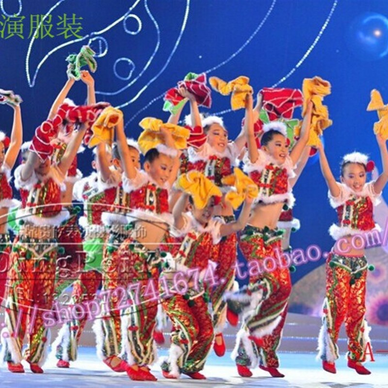 儿童女汉族秧歌服表演演出服装民族手绢舞元旦新年喜庆手绢舞蹈服