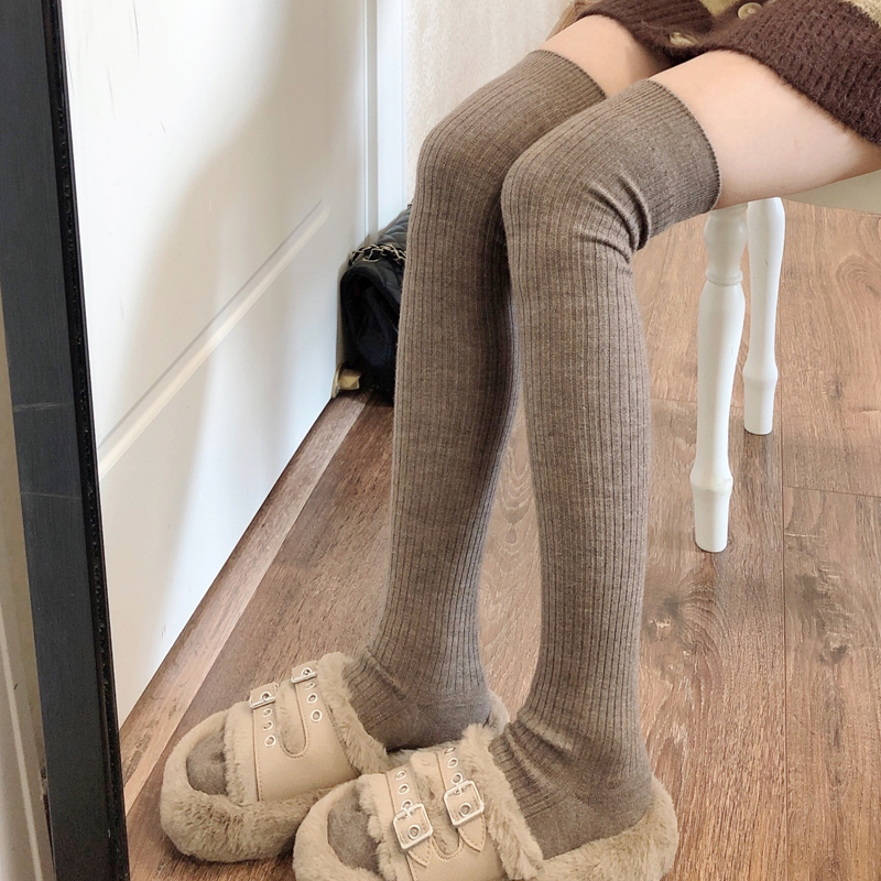 秋冬加绒奶咖色过膝袜女保暖羊毛大腿靴袜高筒袜加厚奶白色长筒袜