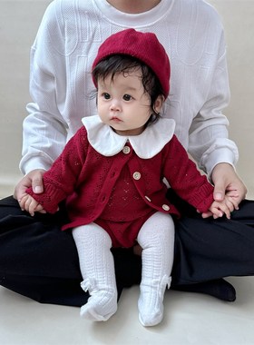 婴儿秋装毛衣秋冬针织衫背带裤套装女宝宝秋季百天周岁礼服外出服