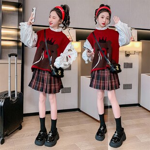 女童春装洋气套装2024新款毛衣马甲裙女宝套裙儿童童装春秋三件套