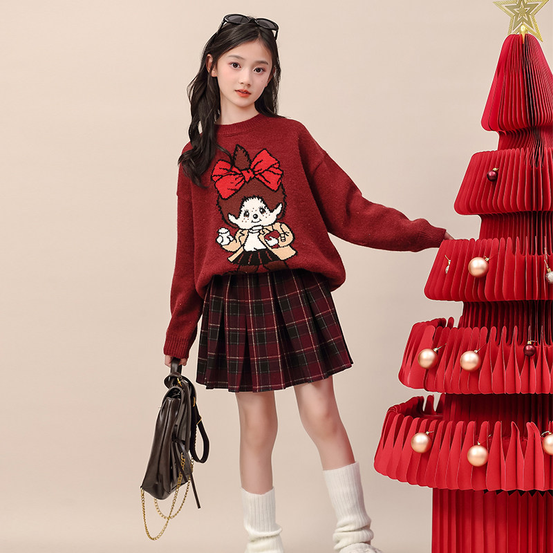 女童红色毛衣洋气时髦上衣儿童秋冬套装新款衣服大童女孩圣诞过年