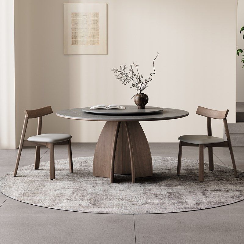 意式实木岩板餐桌家用小户型胡桃色圆桌北欧侘寂风带转盘圆形餐桌,住宅家具,岩板餐桌,淘宝优惠券,粉丝福利购,淘宝优惠卷