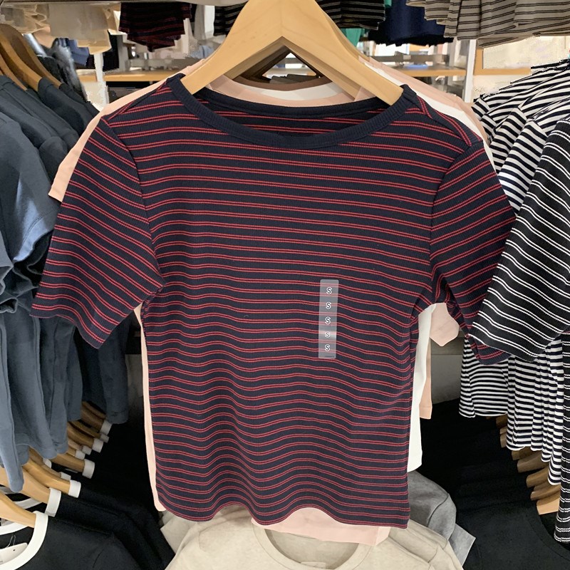日单女装25春夏罗纹船领条纹T恤/五分袖短袖修身打底套头衫475842