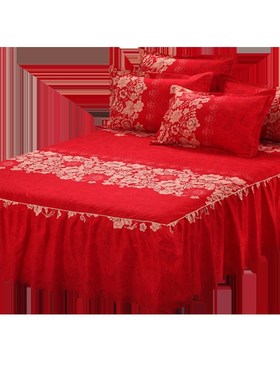 结婚庆大红色床裙三件套单件磨毛床罩款防滑床单床套1.5m1.8m2米