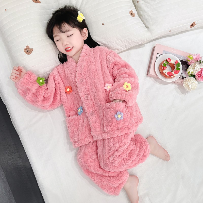 女童睡衣2024新款春秋冬麻花多色花朵开衫珊瑚绒女宝宝保暖款套装