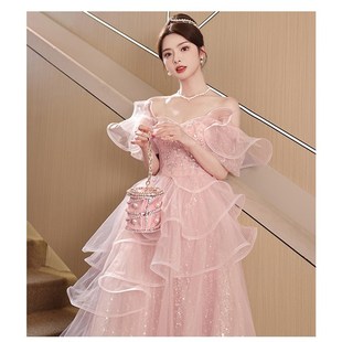 粉色晚礼服仙女气质在逃公主裙订婚宴会18岁成人礼女生高中礼服裙