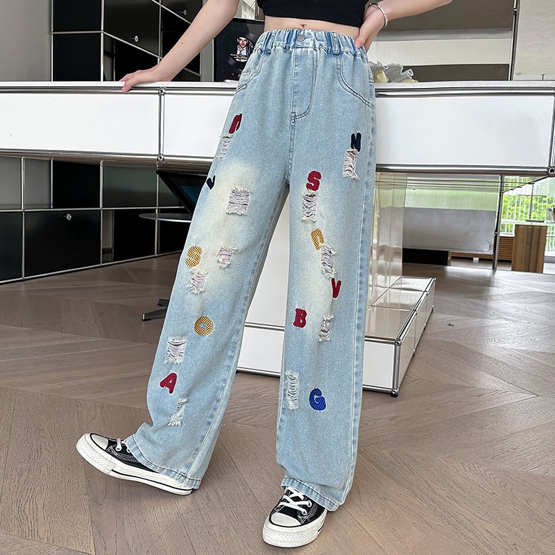 女童裤子夏季薄款2024新款夏装中大童时尚洋气破洞窄版儿童牛仔裤