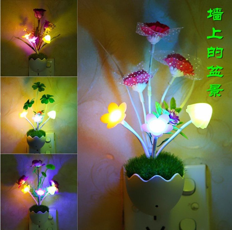 创意光控蘑菇小夜灯 插座插电节能七彩LED感应灯宝宝床头灯