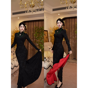 【旗袍领红底步步生莲】潇夫人自制原创新中式连衣裙国风鱼尾旗袍