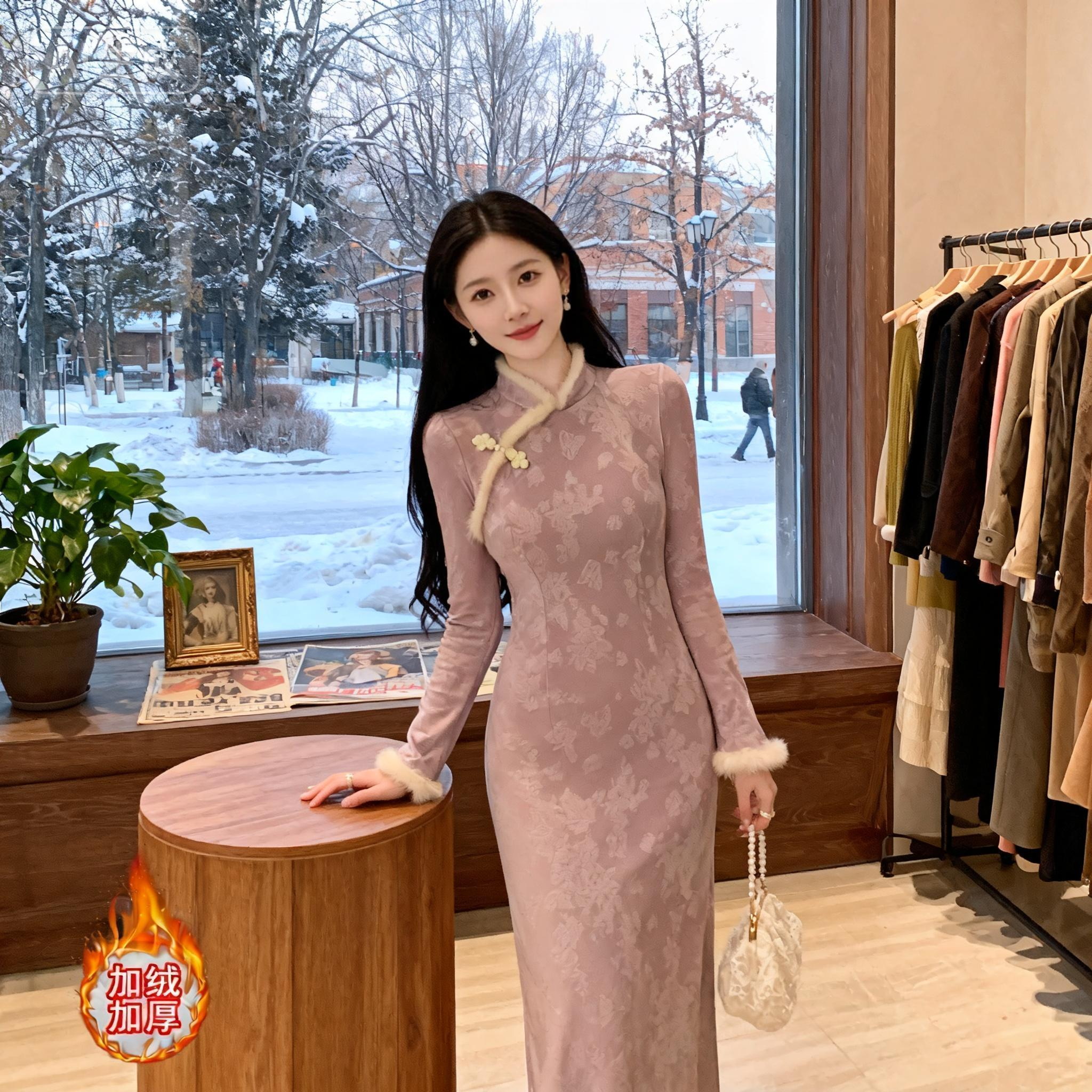 【紫琉璃-加绒】潇夫人自制新中式国风改良紫旗袍女长袖修身连衣�