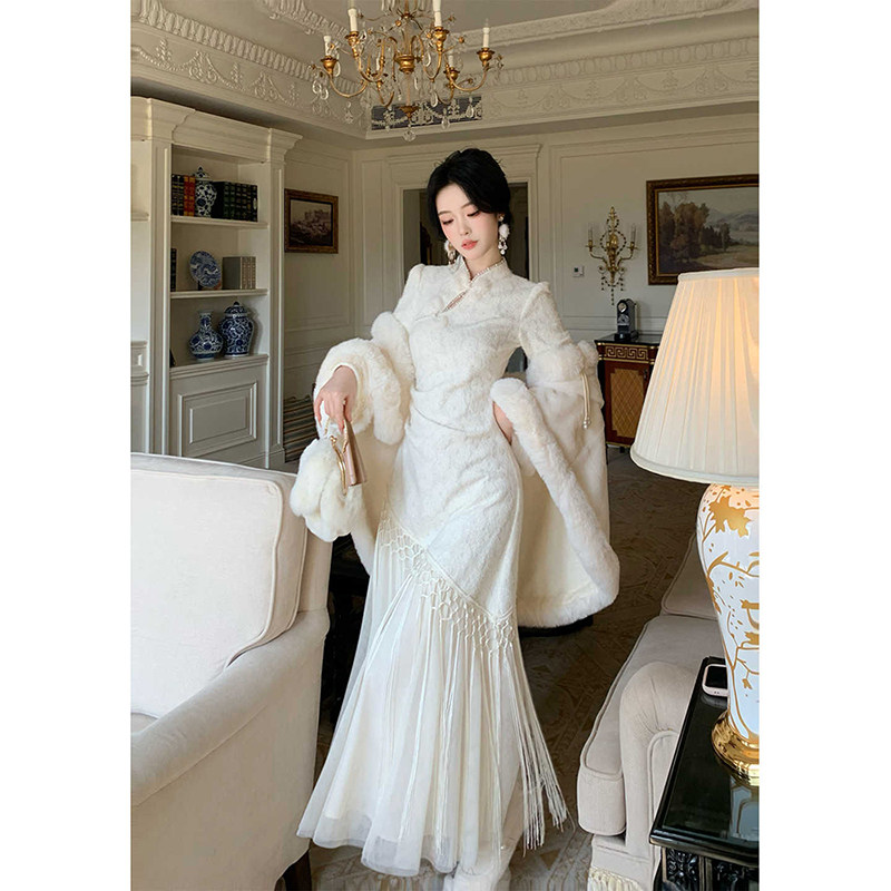 【暖玉浮光】潇夫人自制新中式旗袍国风毛边长袖连衣裙漂亮长裙子