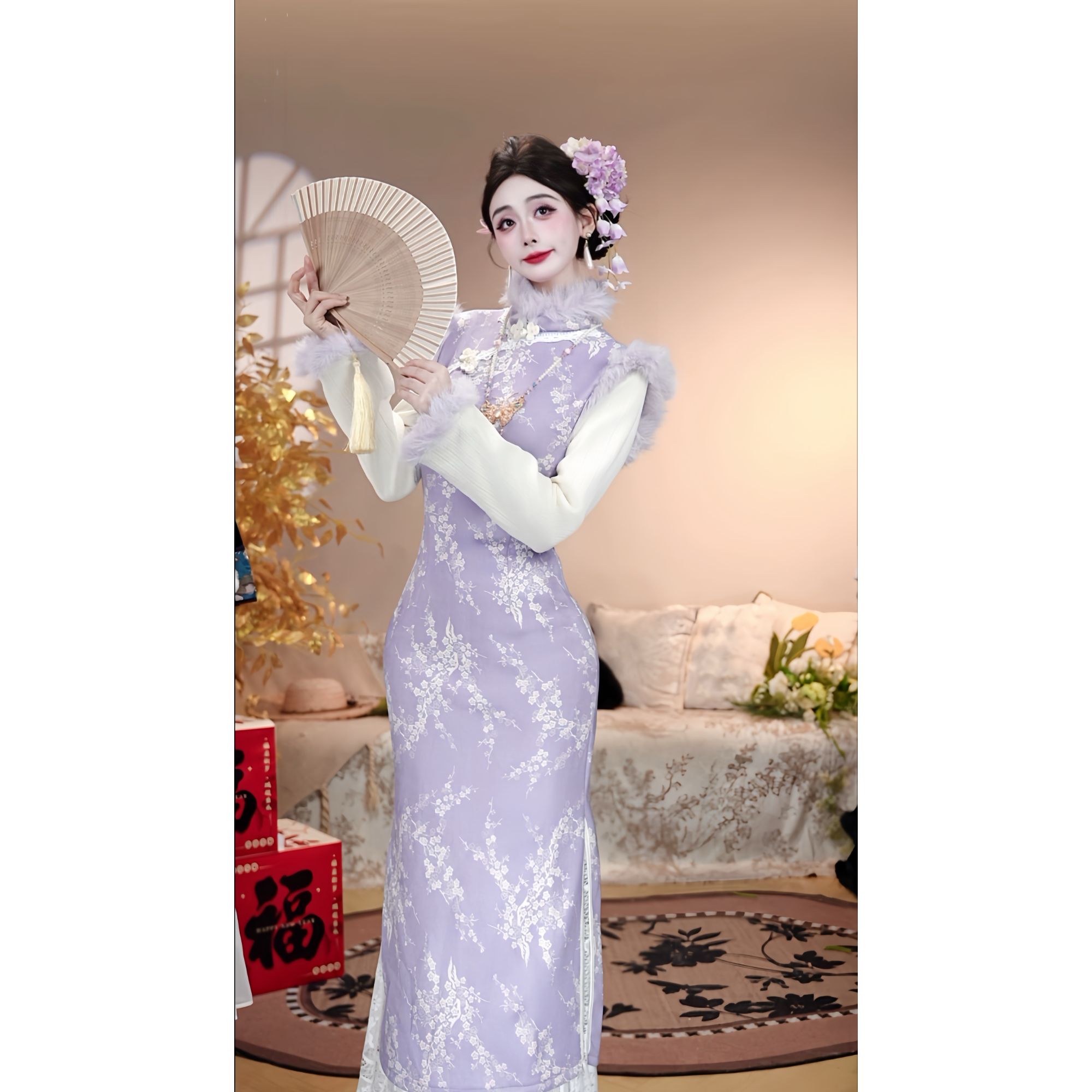 【刁蛮格格-加绒】潇夫人自制紫色新中式国风改良加绒旗袍显瘦日�