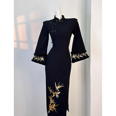 黑色旗袍2024新款高端修身