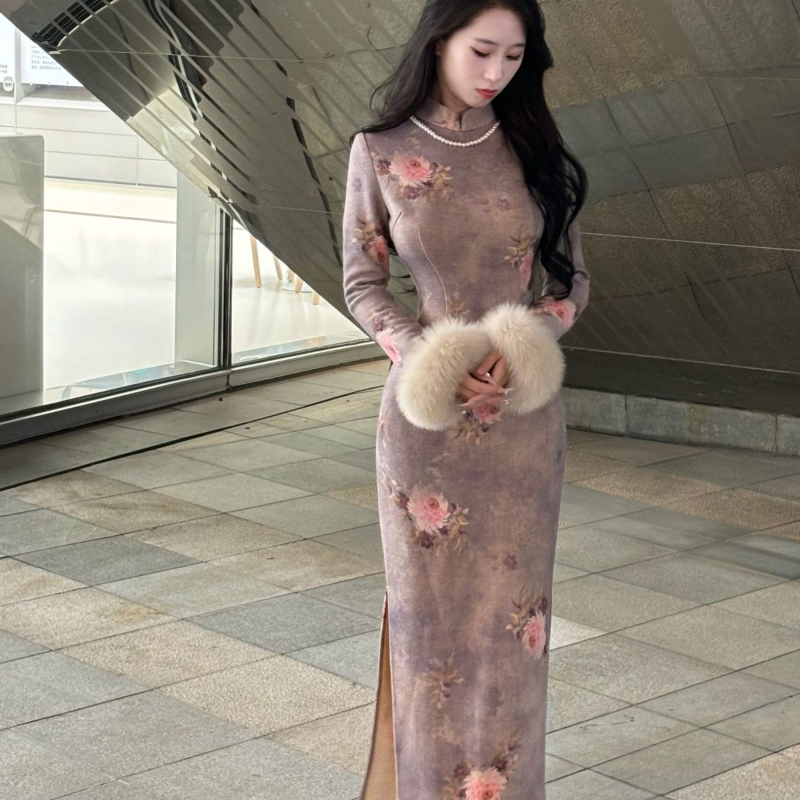 【妙紫-加绒】潇夫人自制新中式优雅旗袍加厚新款旗袍温柔款连衣�