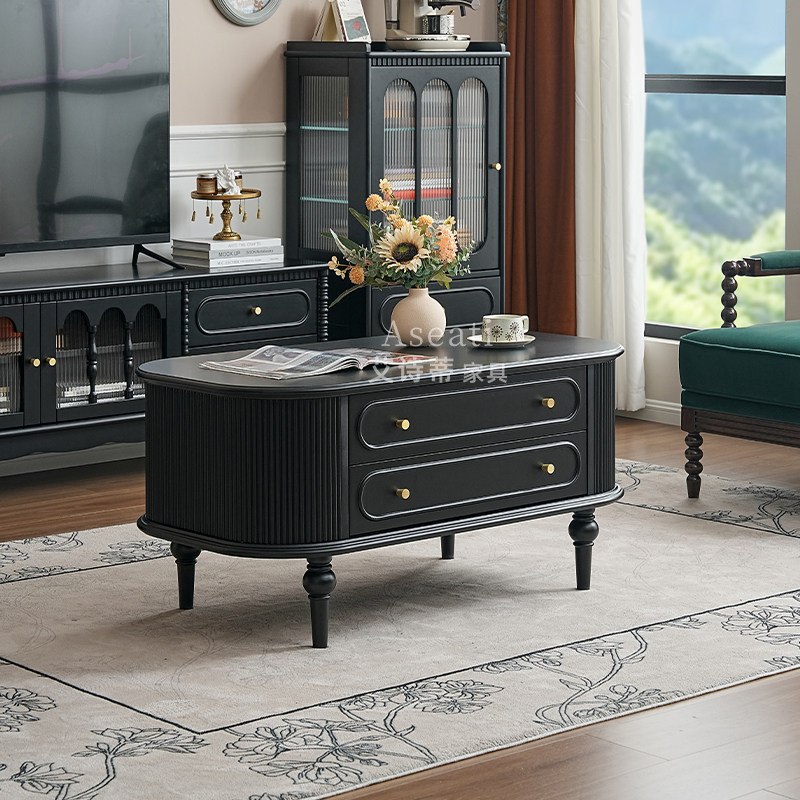 【新品】黑色法式中古风全实木茶几电视柜组合高级感美式复古客厅