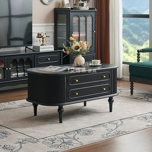 中古风全实木茶几电视柜组合高级感美式 黑色法式 复古客厅 新品