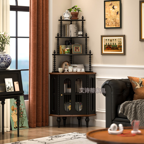 中古风实木客厅转角柜三角柜